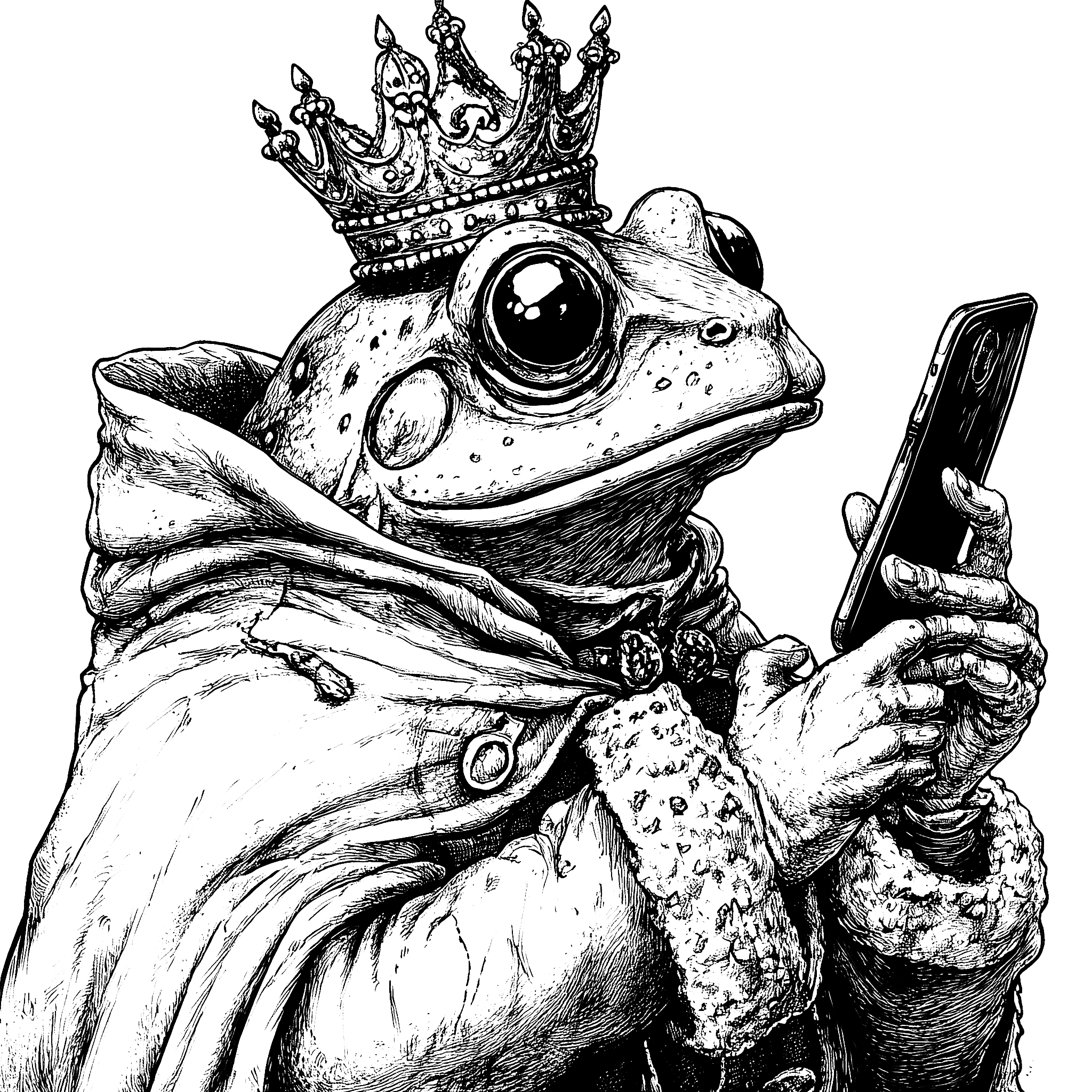 Illustration Rainette — grenouille couronnée au smartphone